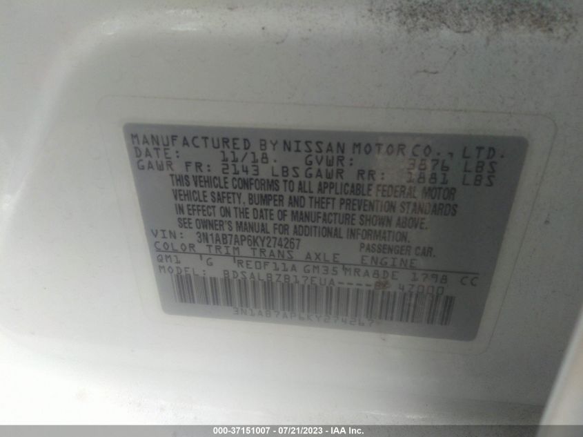 3N1AB7AP6KY274267 Nissan Sentra S 9