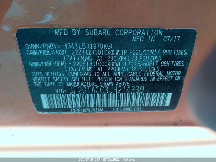 2018 SUBARU CROSSTREK PREMIUM - JF2GTACC3JH214339