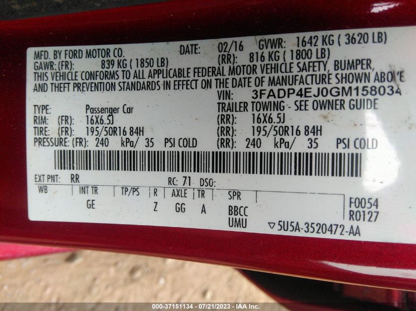 2016 FORD FIESTA SE - 3FADP4EJ0GM158034