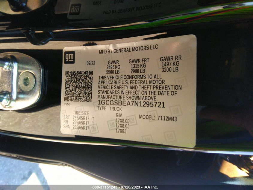 2022 CHEVROLET COLORADO 2WD WORK TRUCK - 1GCGSBEA7N1295721