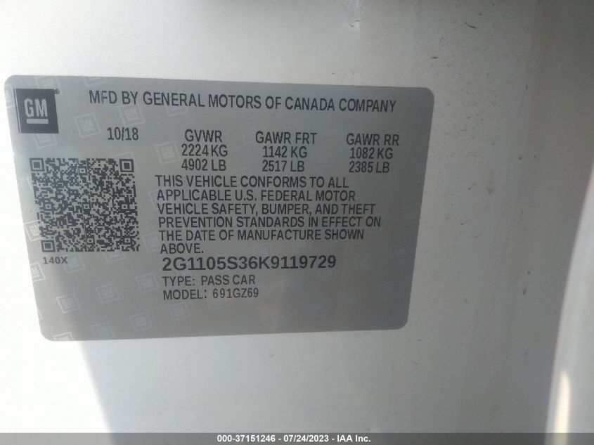 2019 CHEVROLET IMPALA PREMIER - 2G1105S36K9119729