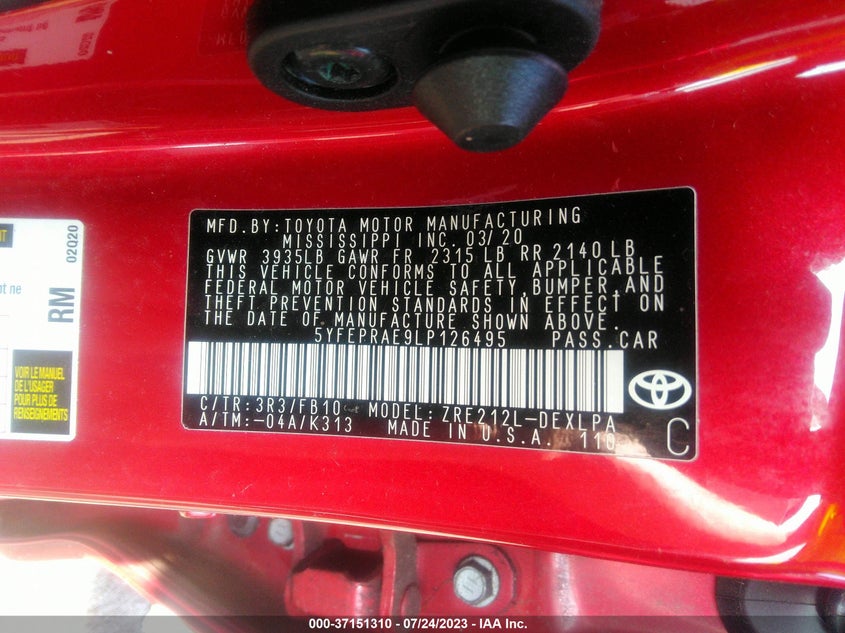 VIN 5YFEPRAE9LP126495 2020 TOYOTA COROLLA LE