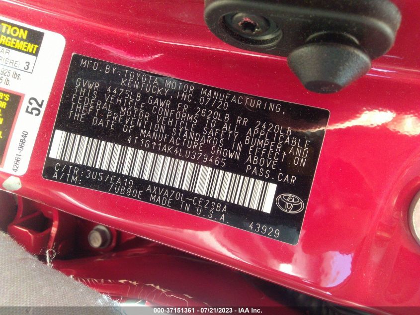 2020 TOYOTA CAMRY SE - 4T1G11AK4LU379465
