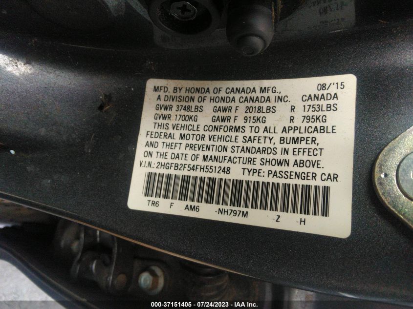 2015 HONDA CIVIC LX - 2HGFB2F54FH551248