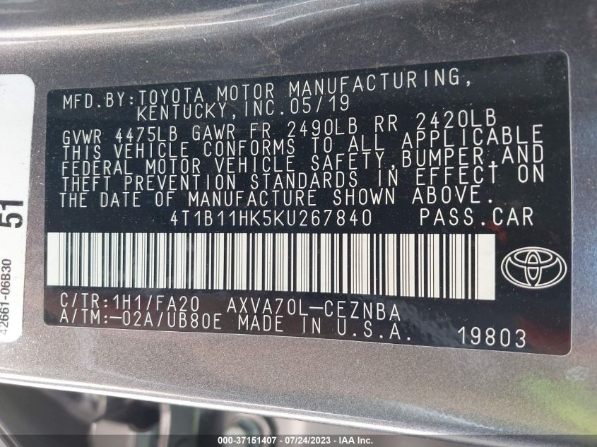 2019 TOYOTA CAMRY LE/SE/XLE/L - 4T1B11HK5KU267840