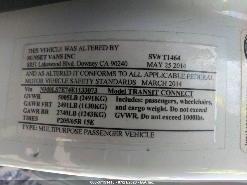 2014 FORD TRANSIT CONNECT XL - NM0LS7E74E1133073