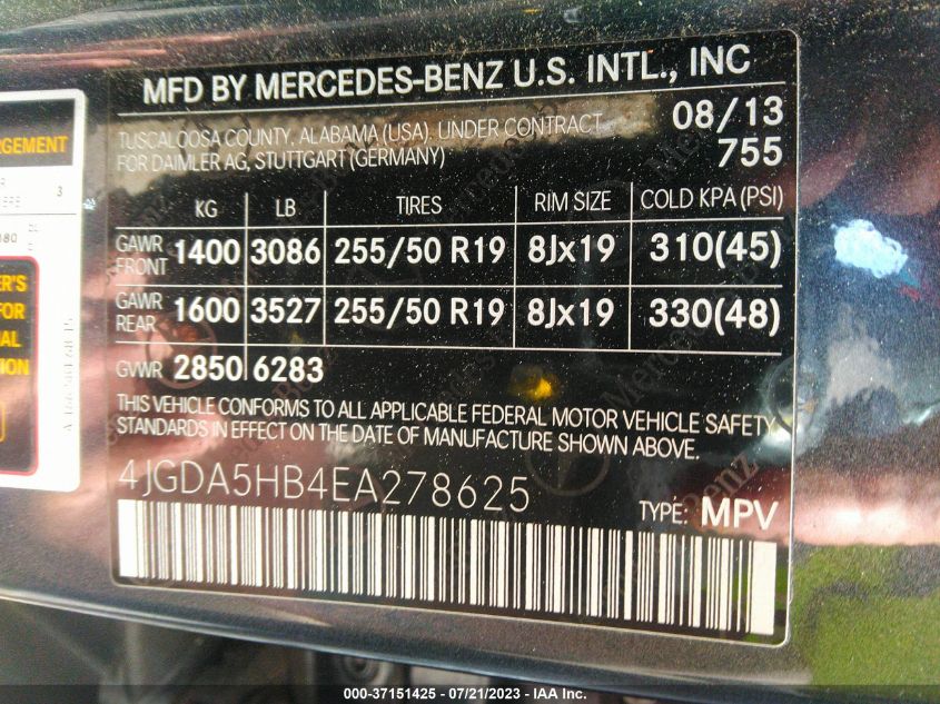2014 MERCEDES-BENZ M-CLASS ML 350 - 4JGDA5HB4EA278625