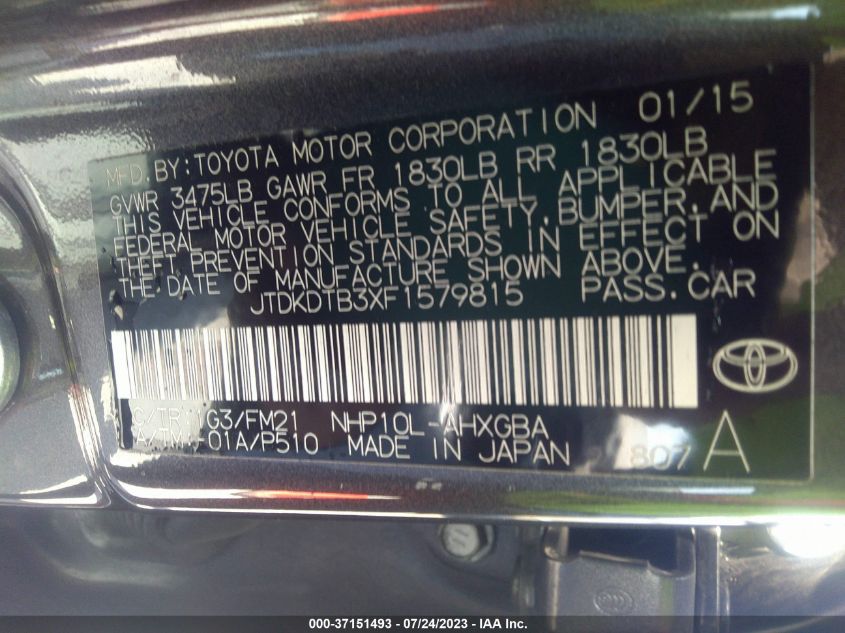 2015 TOYOTA PRIUS C ONE/TWO/THREE/FOUR - JTDKDTB3XF1579815