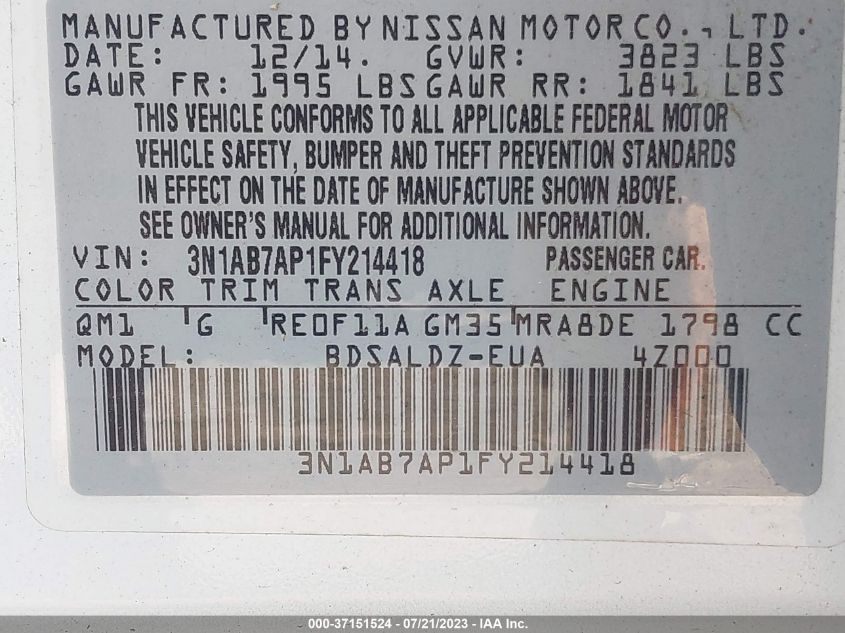2015 NISSAN SENTRA SR/SL/S/SV/FE+ S - 3N1AB7AP1FY214418