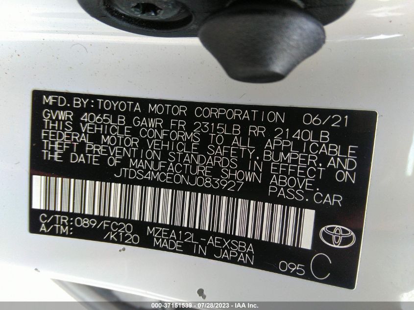 2022 TOYOTA COROLLA SE/NIGHT SHADE - JTDS4MCE0NJ083927