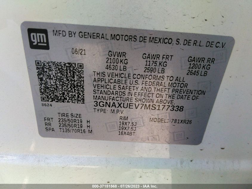2021 CHEVROLET EQUINOX LT - 3GNAXUEV7MS177338