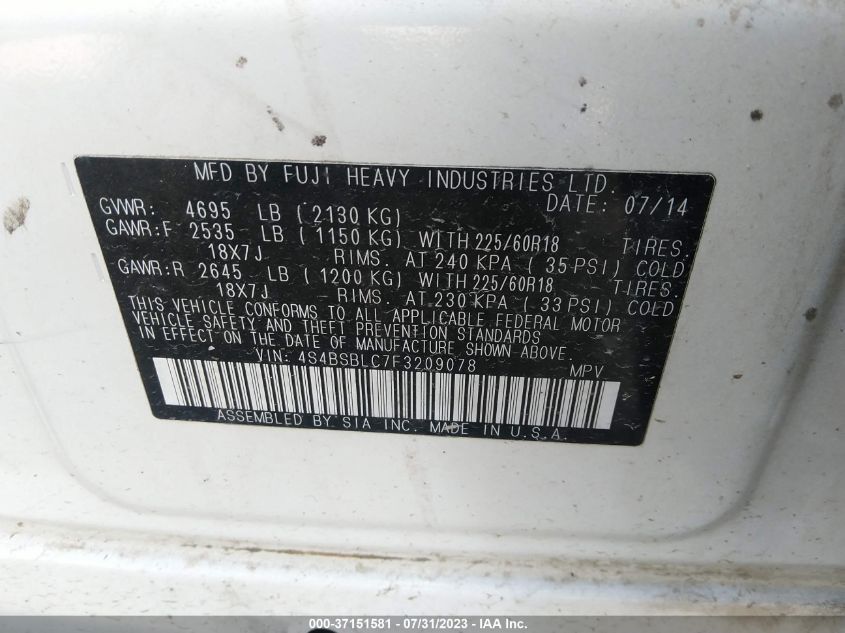 2015 SUBARU OUTBACK 2.5I LIMITED - 4S4BSBLC7F3209078