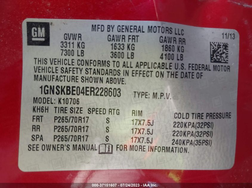 2014 CHEVROLET TAHOE LT - 1GNSKBE04ER228603