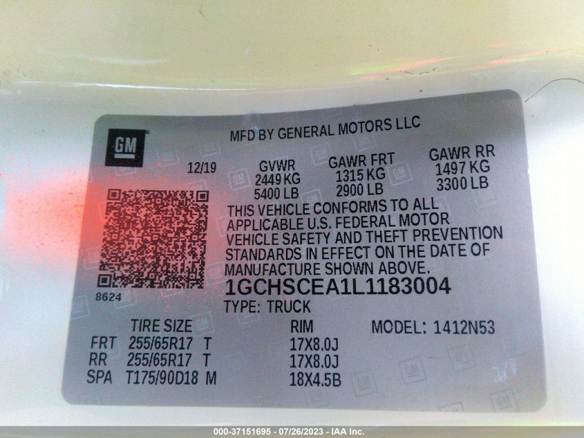 2020 CHEVROLET COLORADO 2WD LT - 1GCHSCEA1L1183004