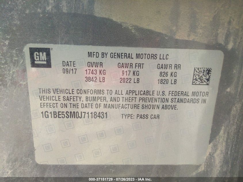 2018 CHEVROLET CRUZE LT - 1G1BE5SM0J7118431