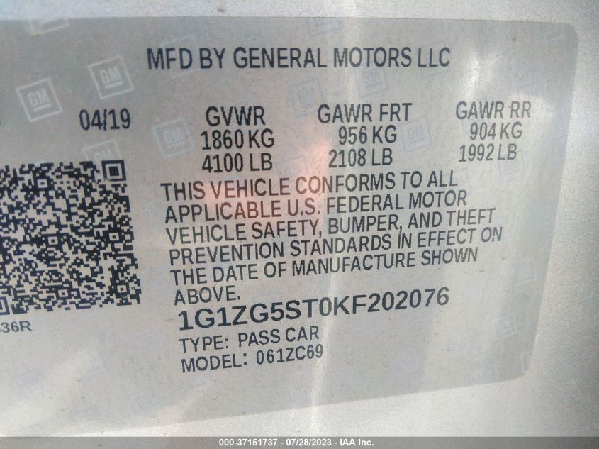 2019 CHEVROLET MALIBU RS - 1G1ZG5ST0KF202076