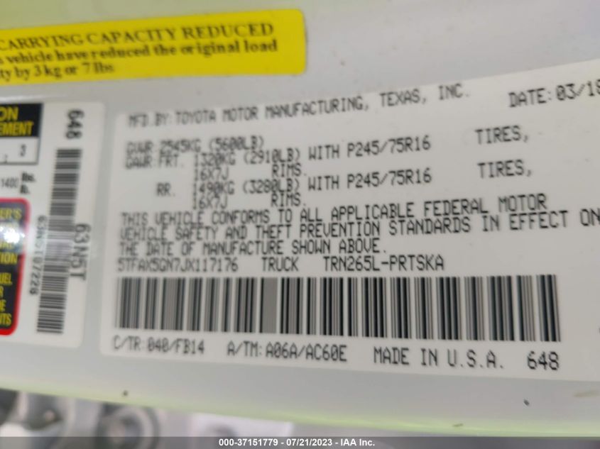2018 TOYOTA TACOMA SR/SR5 - 5TFAX5GN7JX117176