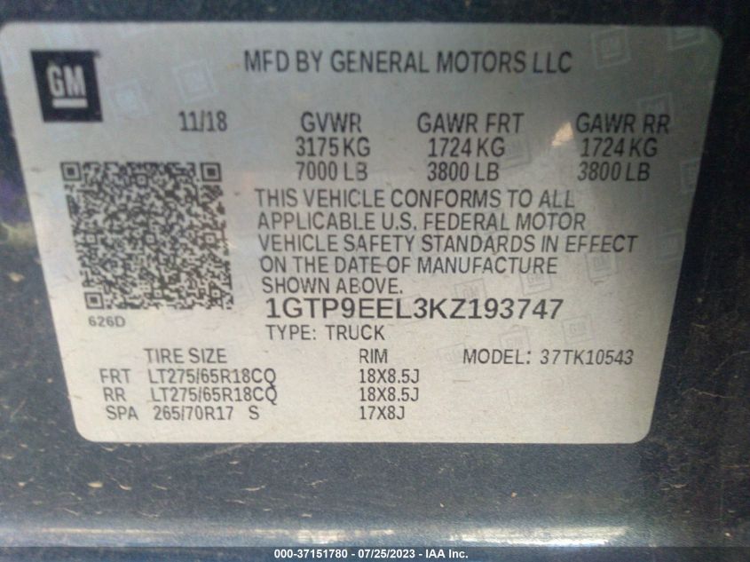 2019 GMC SIERRA 1500 AT4 - 1GTP9EEL3KZ193747