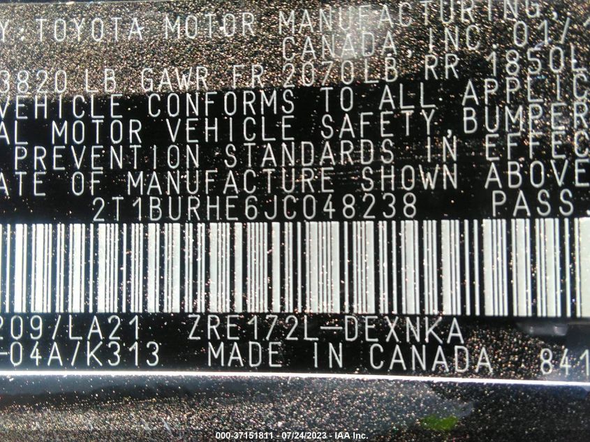 2018 TOYOTA COROLLA L/LE/XLE/SE/XSE - 2T1BURHE6JC048238