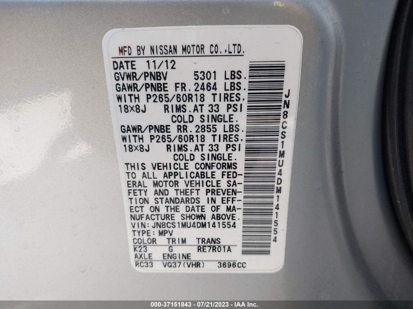 2013 INFINITI FX37 - JN8CS1MU4DM141554