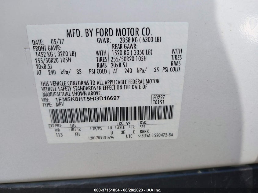 VIN 1FM5K8HT5HGD16697 2017 FORD EXPLORER PLATINUM