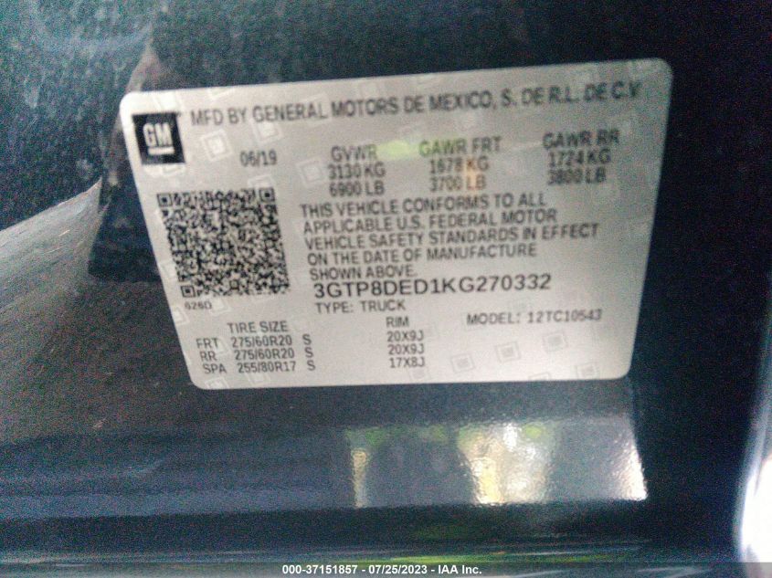 2019 GMC SIERRA 1500 SLT - 3GTP8DED1KG270332