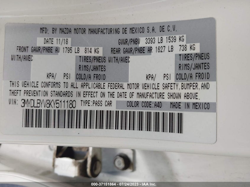 VIN 3MYDLBYV8KY511180 2019 TOYOTA YARIS SEDAN L/LE/XLE