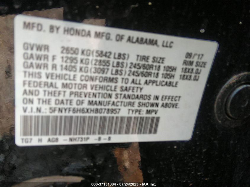 2017 HONDA PILOT EX-L - 5FNYF6H6XHB078957