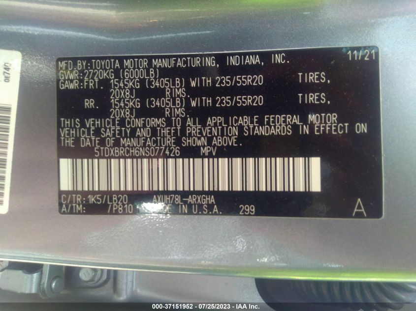 2022 TOYOTA HIGHLANDER HYBRID LIMITED - 5TDXBRCH6NS077426