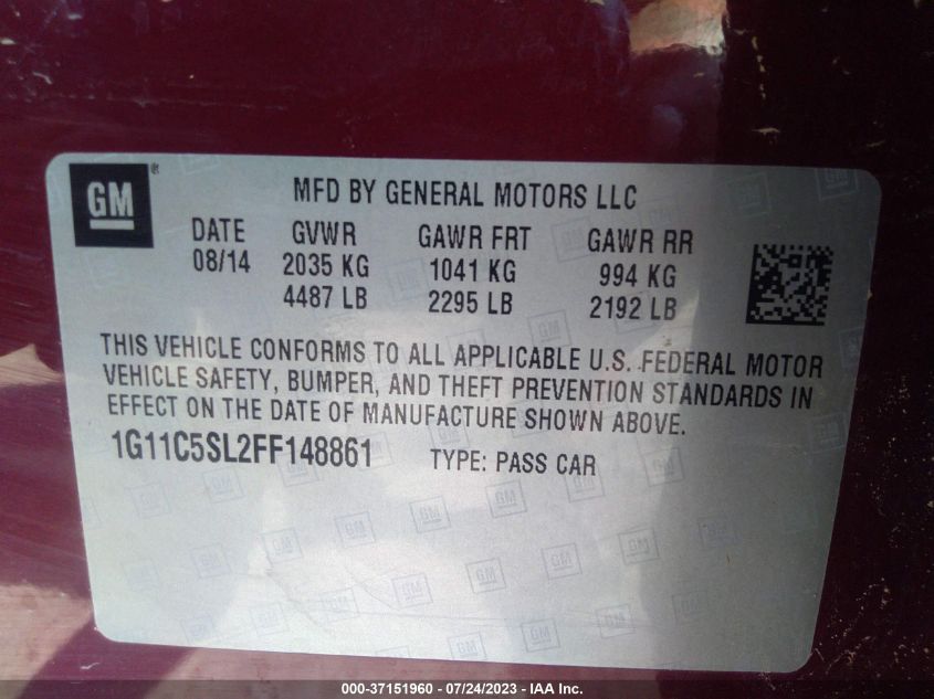 2015 CHEVROLET MALIBU LT - 1G11C5SL2FF148861