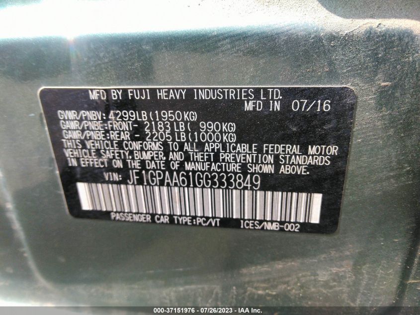 2016 SUBARU IMPREZA WAGON 2.0I - JF1GPAA61GG333849