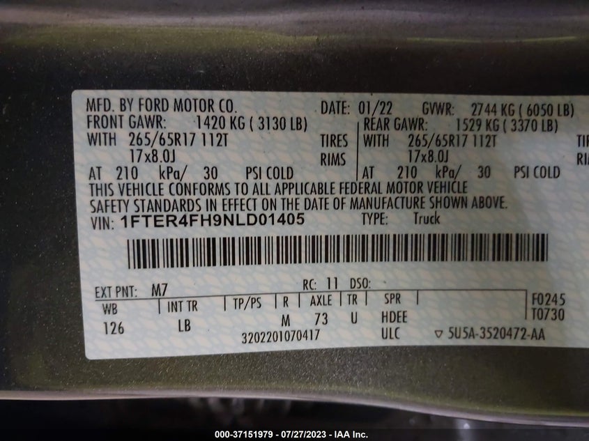 VIN 1FTER4FH9NLD01405 2022 FORD RANGER XL/XLT/LARIAT