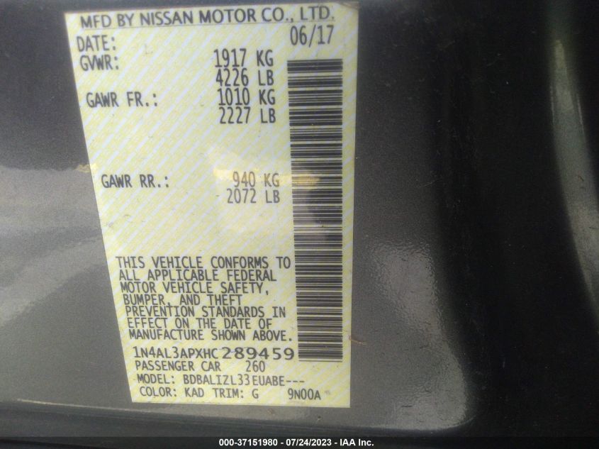 2017 NISSAN ALTIMA 2.5/S/SV/SL/SR - 1N4AL3APXHC286945