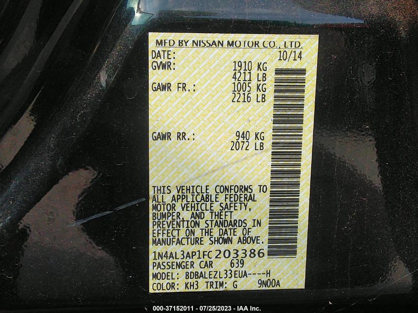 2015 NISSAN ALTIMA 2.5/S/SV/SL - 1N4AL3AP1FC203386