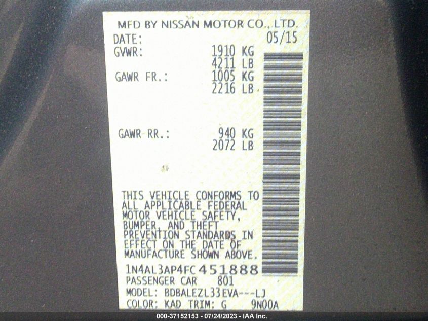 2015 NISSAN ALTIMA 2.5 S - 1N4AL3AP4FC451888