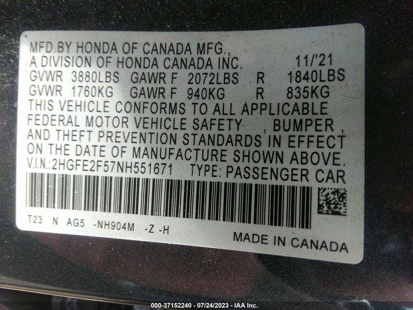 VIN 2HGFE2F57NH551671 2022 HONDA CIVIC SEDAN SPORT