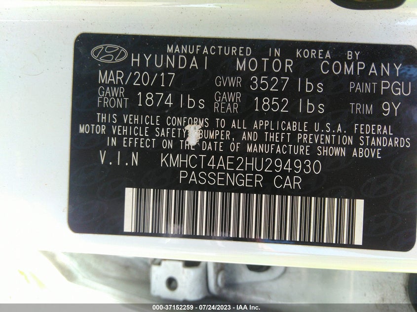 VIN KMHCT4AE2HU294930 2017 HYUNDAI ACCENT SE
