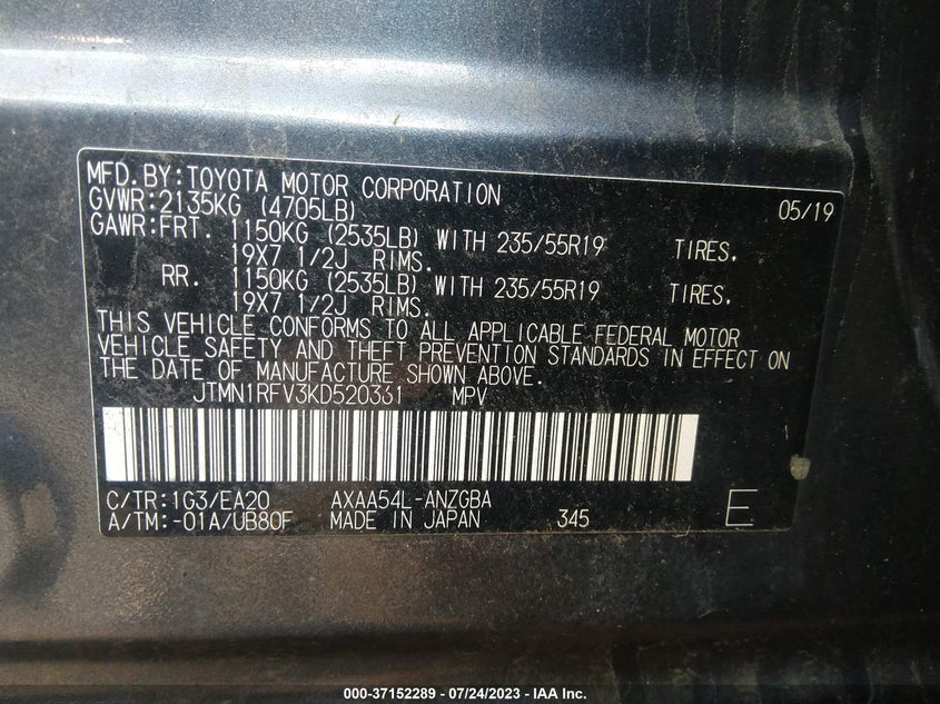 VIN JTMN1RFV3KD520361 2019 TOYOTA RAV4 LIMITED