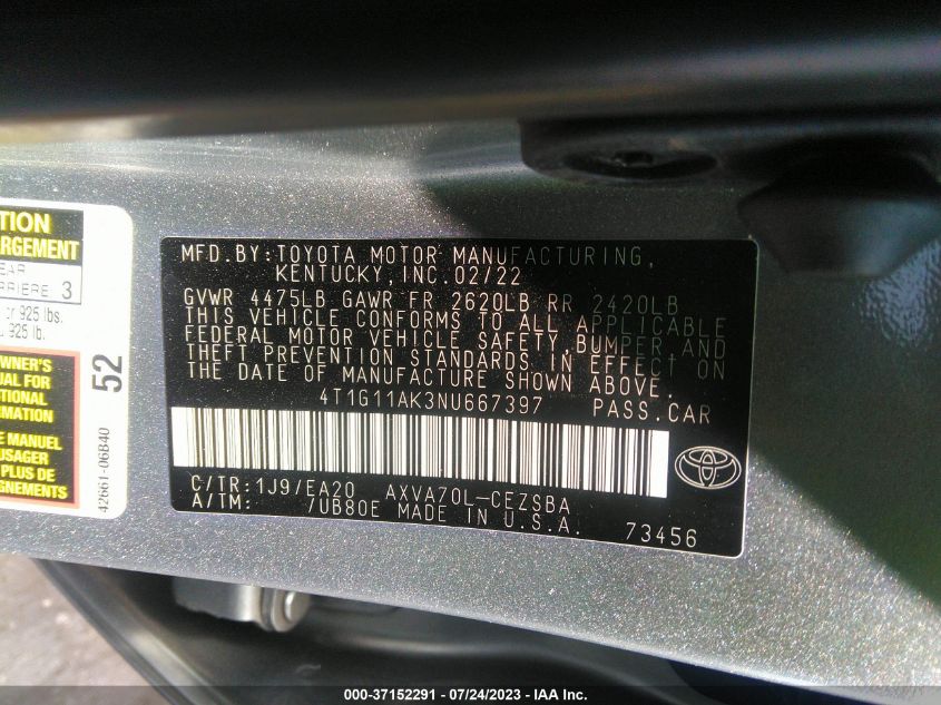 2022 TOYOTA CAMRY SE - 4T1G11AK3NU667397