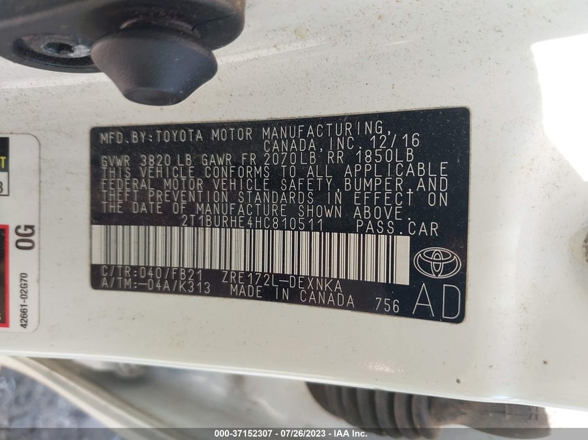 VIN 2T1BURHE4HC810511 2017 TOYOTA COROLLA L/LE/XLE/SE/XSE