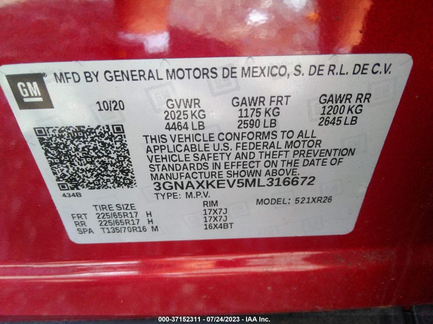 2021 CHEVROLET EQUINOX LT - 3GNAXKEV5ML316672