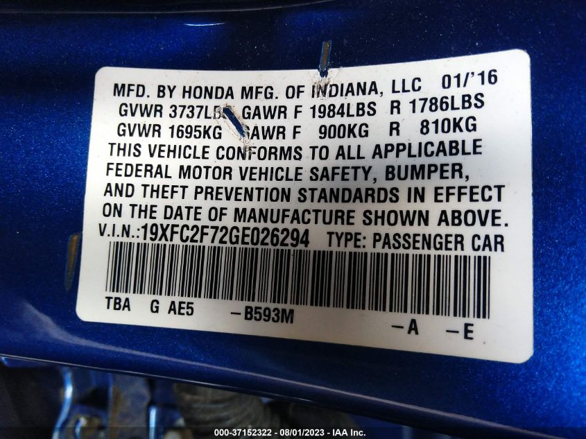 2016 HONDA CIVIC SEDAN EX - 19XFC2F72GE026294