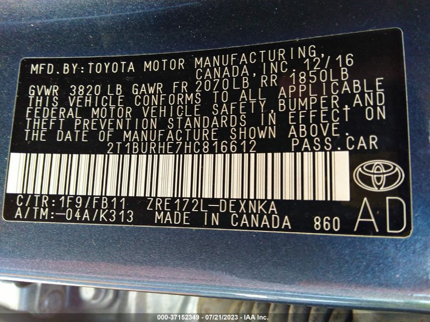 2017 TOYOTA COROLLA L/LE/XLE/SE - 2T1BURHE7HC816612