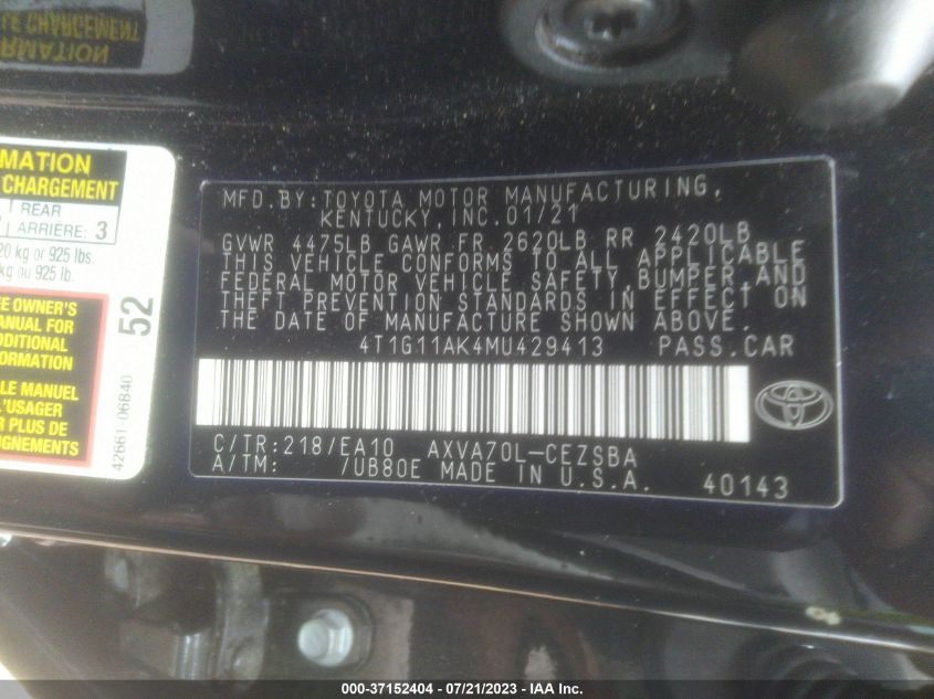 2021 TOYOTA CAMRY SE - 4T1G11AK4MU429413