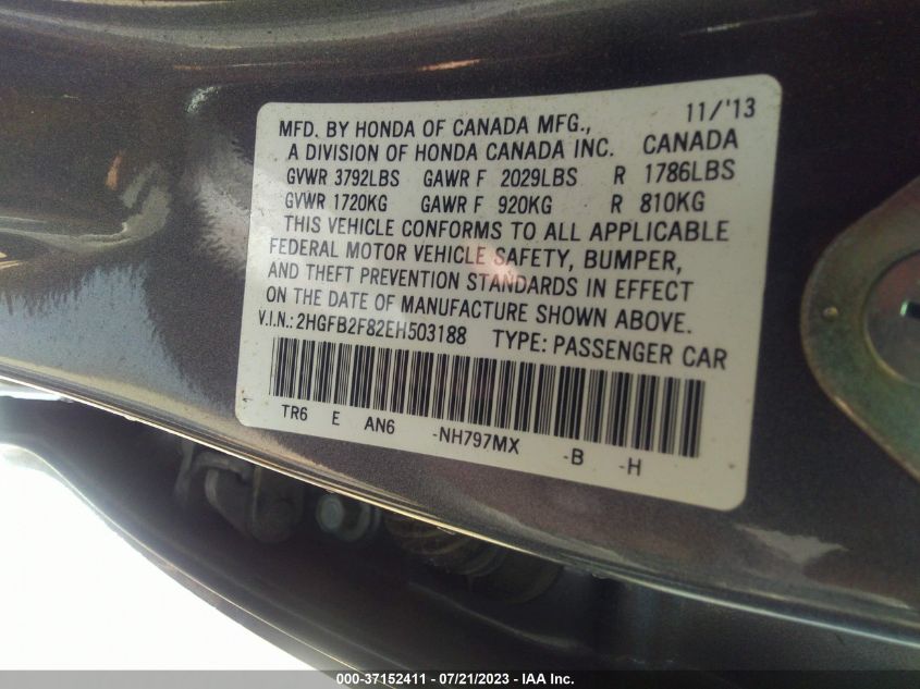 2014 HONDA CIVIC SEDAN EX - 2HGFB2F82EH503188