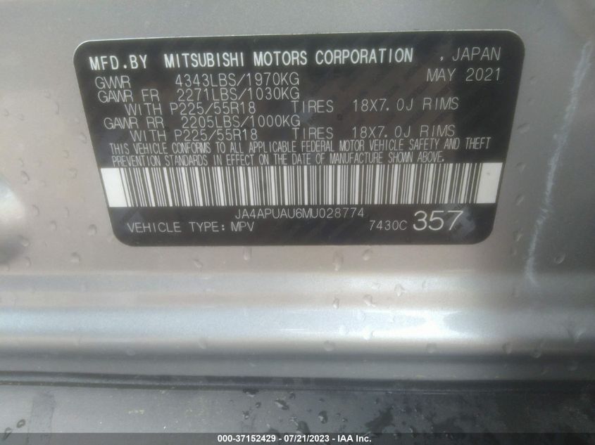 2021 MITSUBISHI OUTLANDER SPORT ES/LE/BE/S - JA4APUAU6MU028774