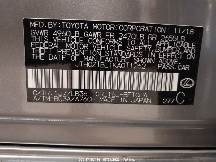2019 LEXUS GS GS 350 - JTHCZ1BL1KA011262