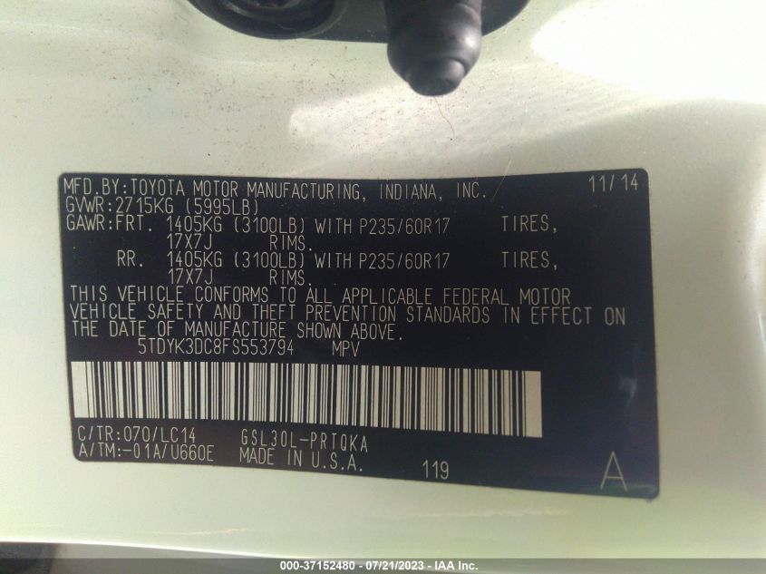 2015 TOYOTA SIENNA XLE - 5TDYK3DC8FS553794