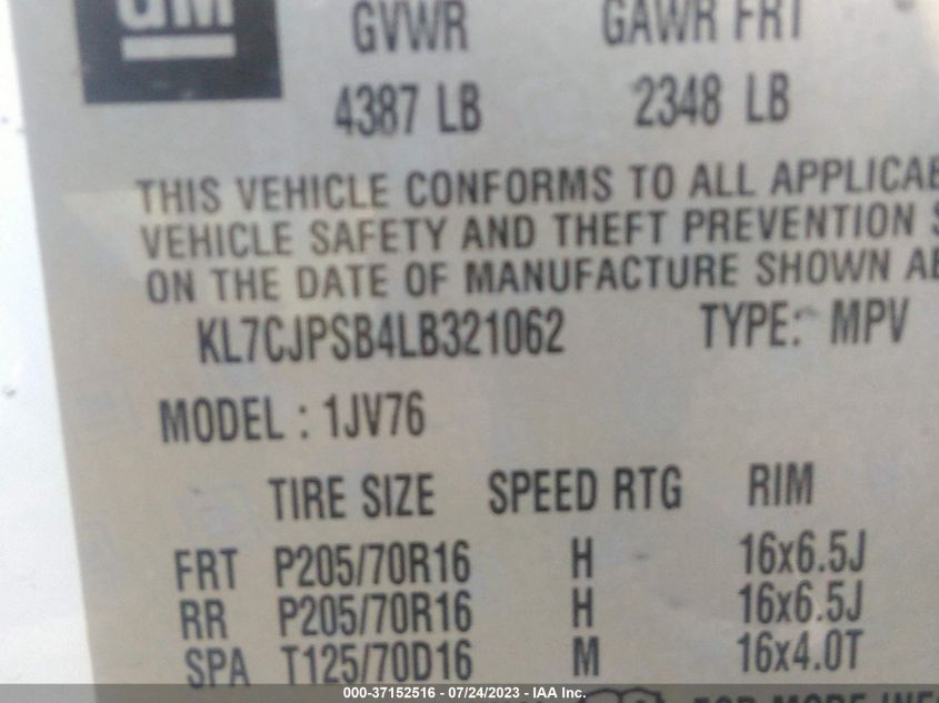 2020 CHEVROLET TRAX 1LT - KL7CJPSB4LB321062
