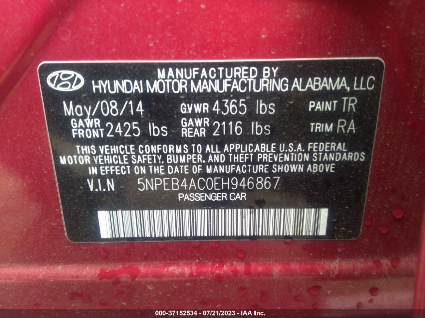 2014 HYUNDAI SONATA GLS - 5NPEB4AC0EH946867